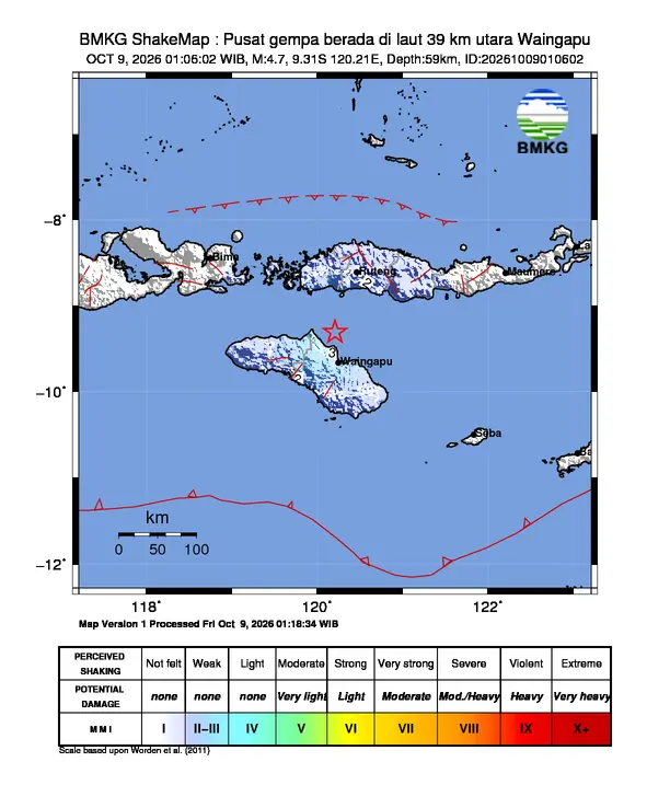 Peta guncangan (shakemap) BMKG untuk gempa magnitudo 4,7 SR