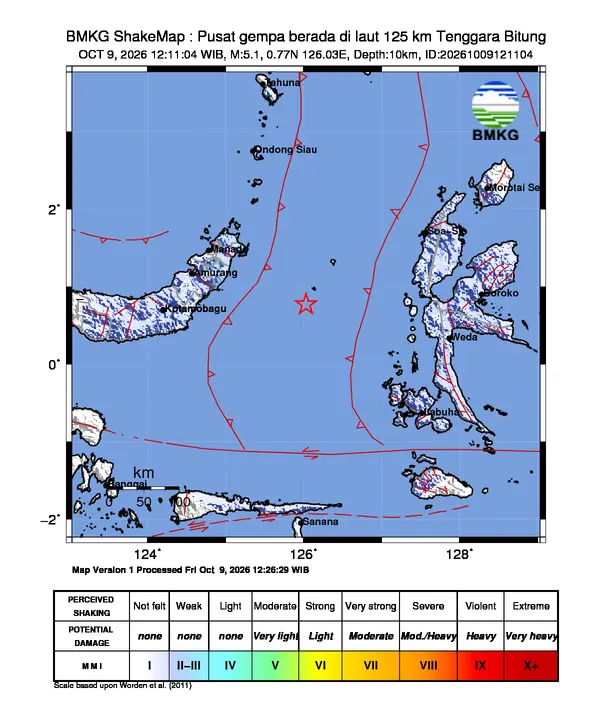 Peta guncangan (shakemap) BMKG untuk gempa magnitudo 5,1 SR