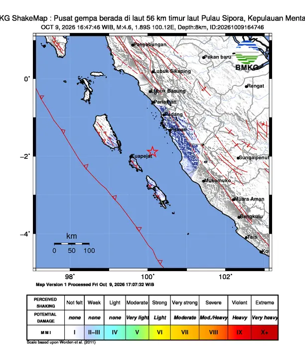 Peta guncangan (shakemap) BMKG untuk gempa magnitudo 4,6 SR