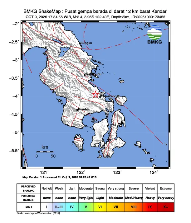 Peta guncangan (shakemap) BMKG untuk gempa magnitudo 2,4 SR