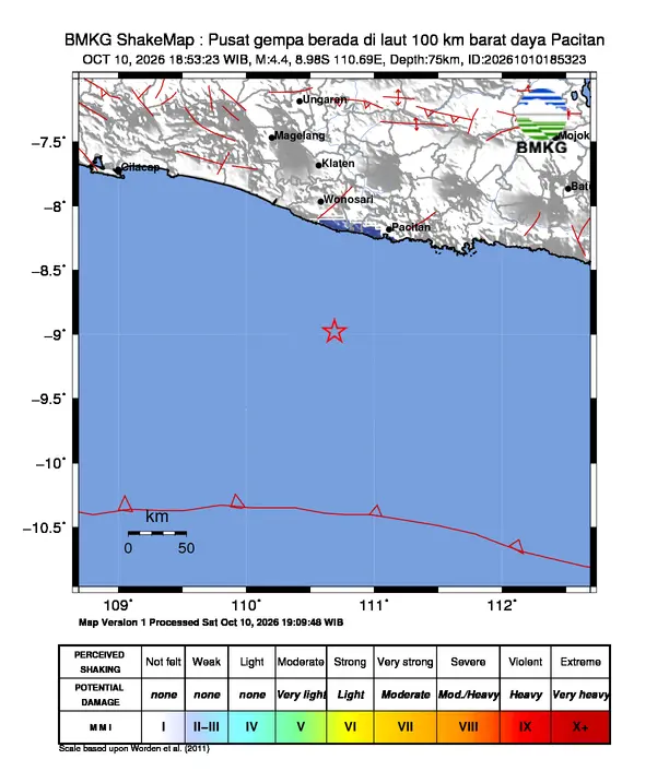 Peta guncangan (shakemap) BMKG untuk gempa magnitudo 4,4 SR