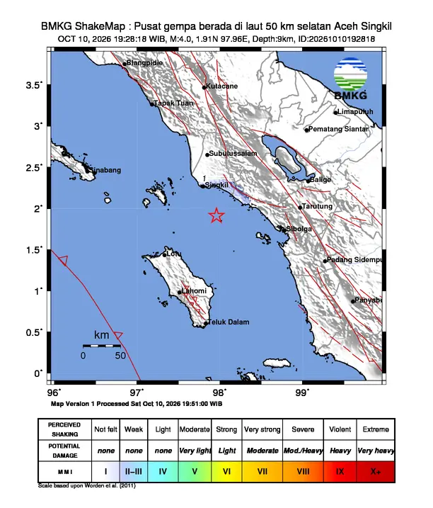 Peta guncangan (shakemap) BMKG untuk gempa magnitudo 4,0 SR
