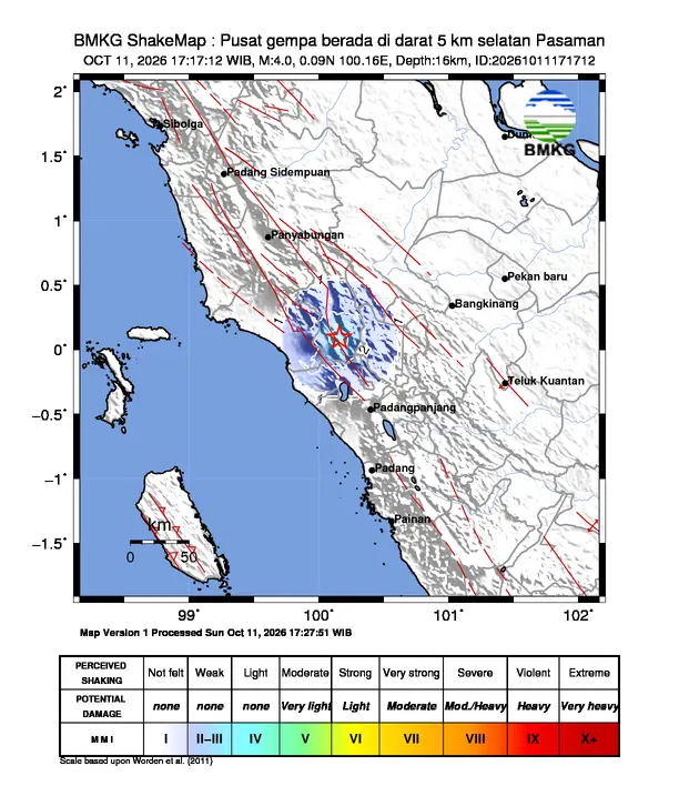 Peta guncangan (shakemap) BMKG untuk gempa magnitudo 4,0 SR
