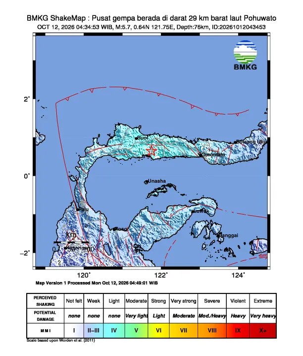 Peta guncangan (shakemap) BMKG untuk gempa magnitudo 5,7 SR