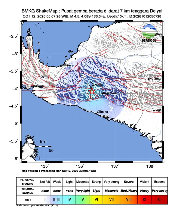 Peta guncangan (shakemap) BMKG untuk gempa magnitudo 4,5 SR