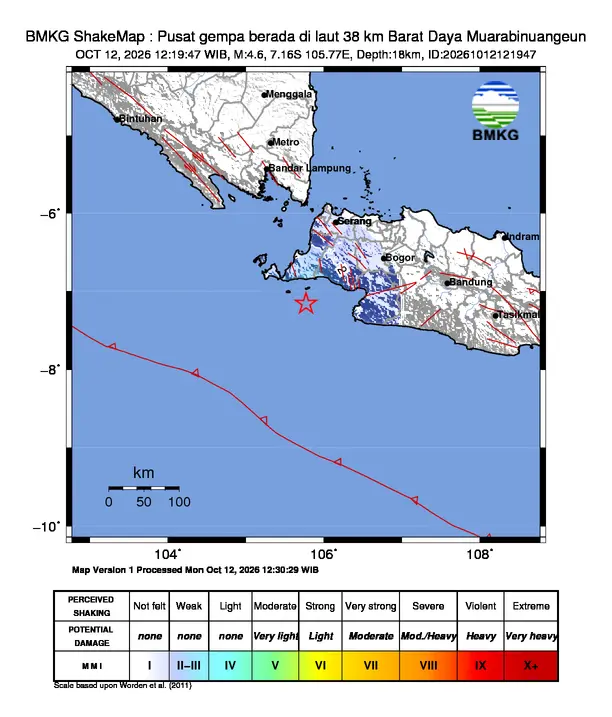 Peta guncangan (shakemap) BMKG untuk gempa magnitudo 4,6 SR