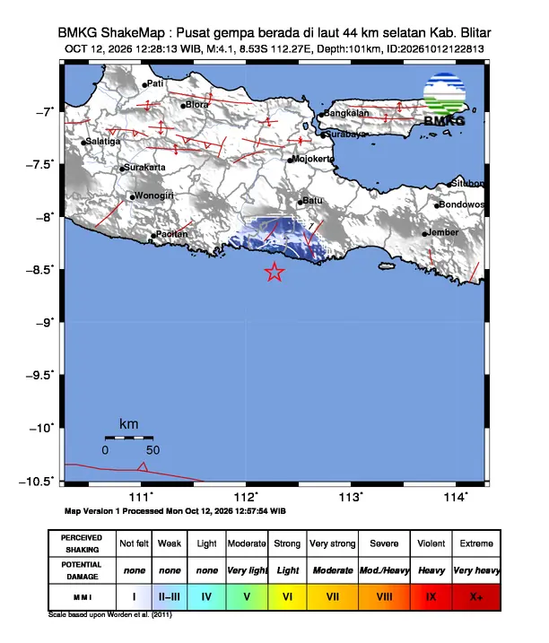 Peta guncangan (shakemap) BMKG untuk gempa magnitudo 4,1 SR