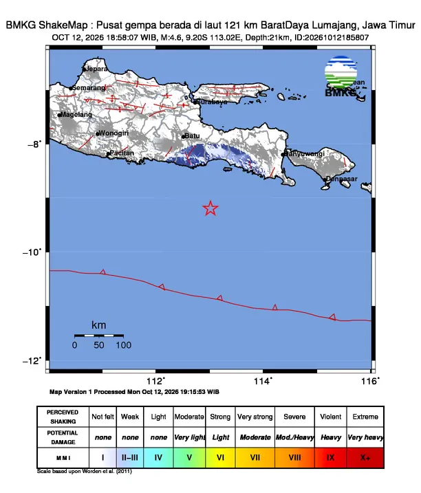 Peta guncangan (shakemap) BMKG untuk gempa magnitudo 4,6 SR
