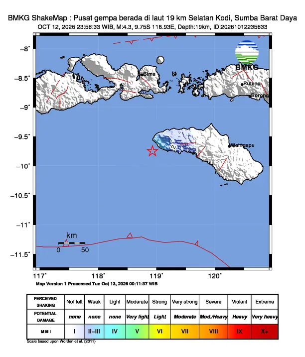 Peta guncangan (shakemap) BMKG untuk gempa magnitudo 4,3 SR