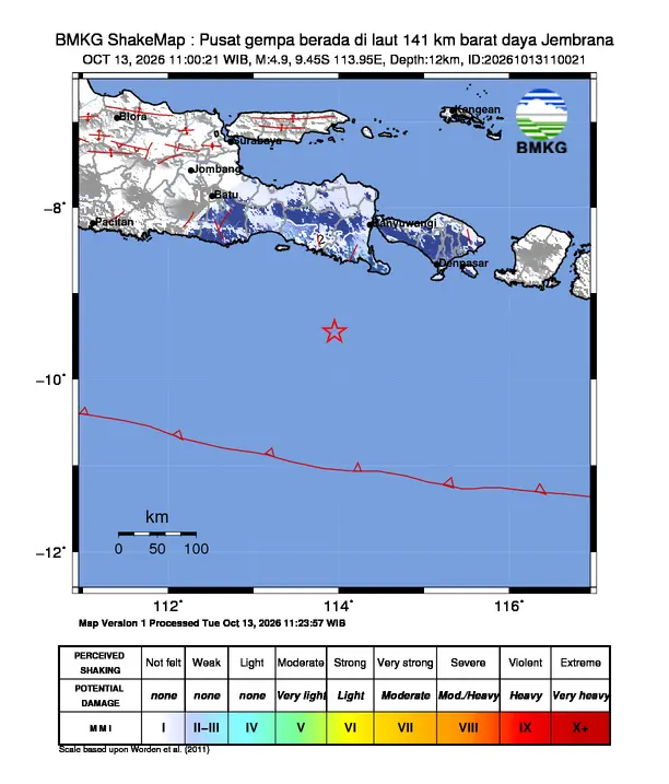 Peta guncangan (shakemap) BMKG untuk gempa magnitudo 4,9 SR