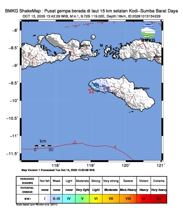 Peta guncangan (shakemap) BMKG untuk gempa magnitudo 4,1 SR