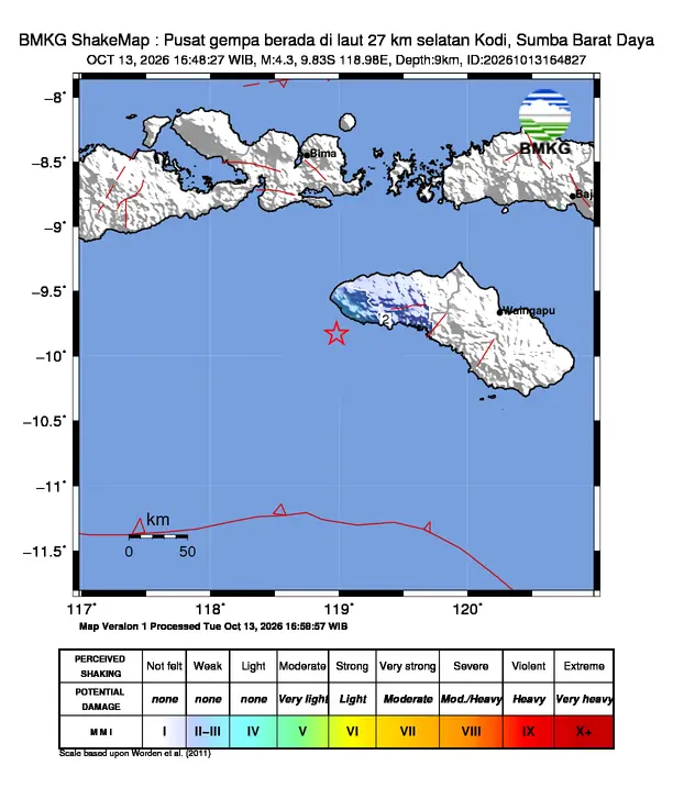 Peta guncangan (shakemap) BMKG untuk gempa magnitudo 4,3 SR