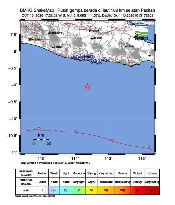 Peta guncangan (shakemap) BMKG untuk gempa magnitudo 4,5 SR