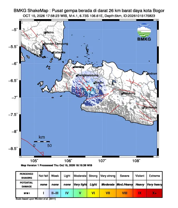 Peta guncangan (shakemap) BMKG untuk gempa magnitudo 4,1 SR