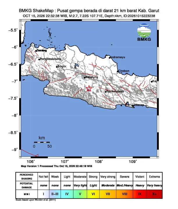 Peta guncangan (shakemap) BMKG untuk gempa magnitudo 2,7 SR
