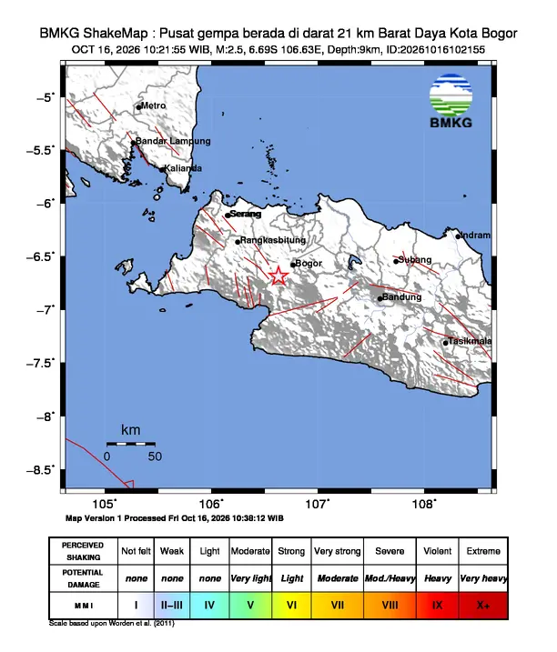 Peta guncangan (shakemap) BMKG untuk gempa magnitudo 2,5 SR