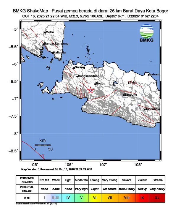 Peta guncangan (shakemap) BMKG untuk gempa magnitudo 2,3 SR