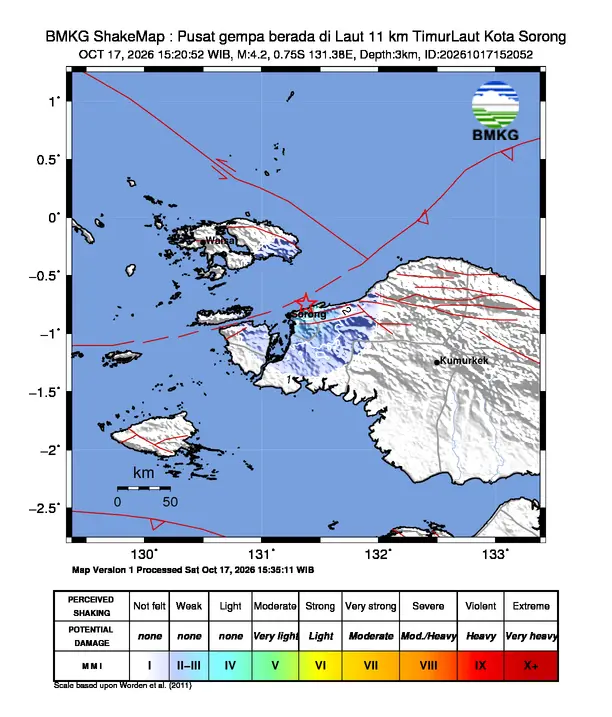 Peta guncangan (shakemap) BMKG untuk gempa magnitudo 4,2 SR