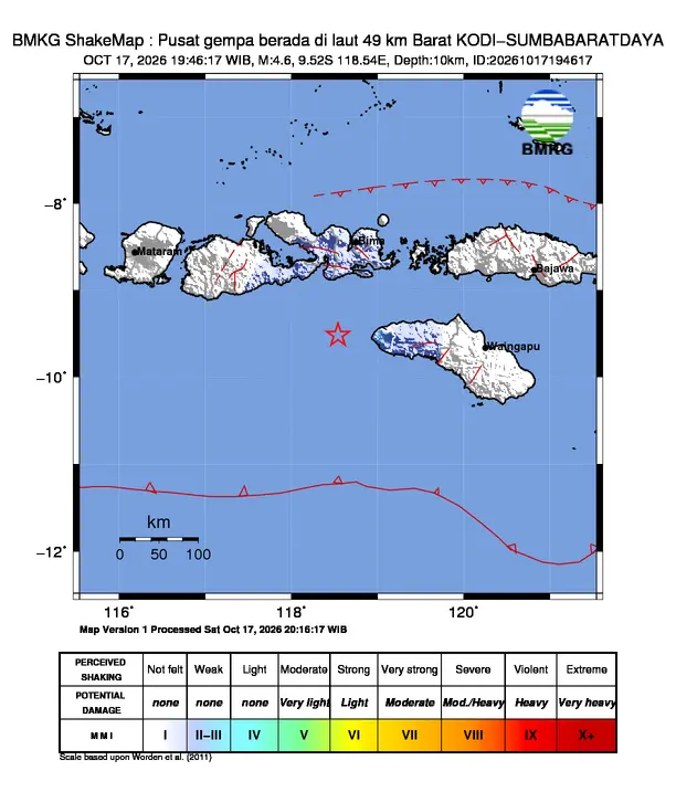 Peta guncangan (shakemap) BMKG untuk gempa magnitudo 4,6 SR
