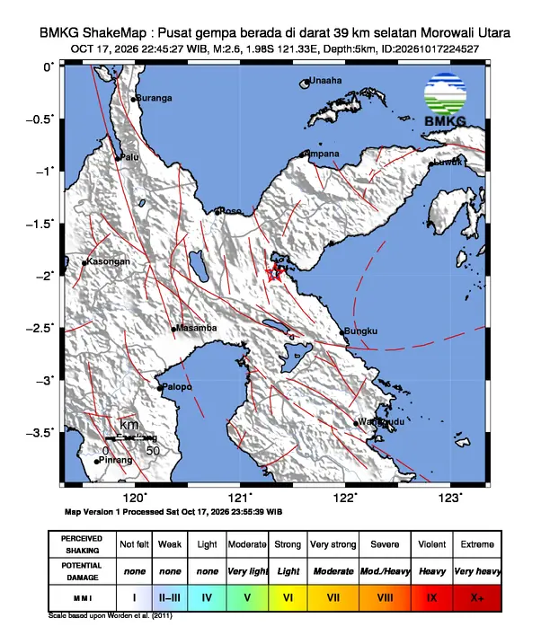 Peta guncangan (shakemap) BMKG untuk gempa magnitudo 2,6 SR