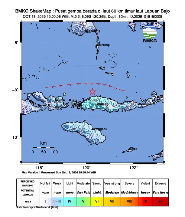 Peta guncangan (shakemap) BMKG untuk gempa magnitudo 5,3 SR