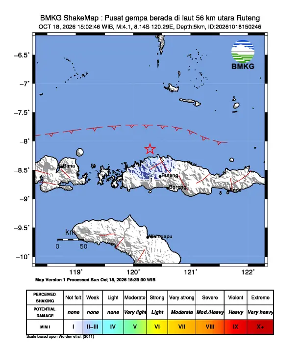 Peta guncangan (shakemap) BMKG untuk gempa magnitudo 4,1 SR