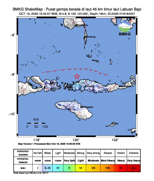 Peta guncangan (shakemap) BMKG untuk gempa magnitudo 4,8 SR