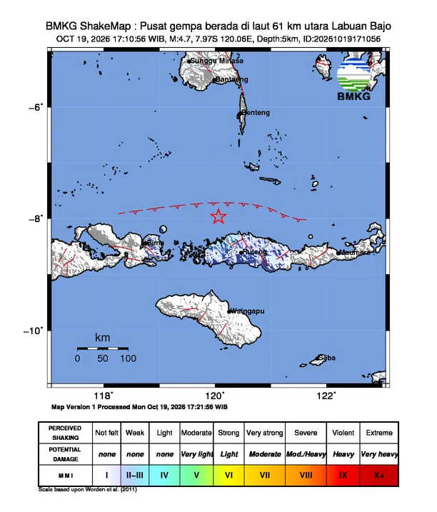 Peta guncangan (shakemap) BMKG untuk gempa magnitudo 4,7 SR