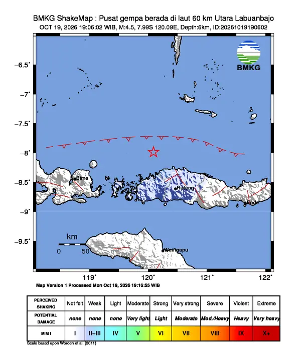 Peta guncangan (shakemap) BMKG untuk gempa magnitudo 4,5 SR