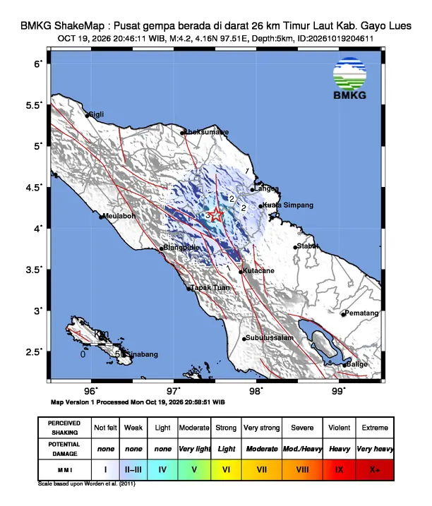 Peta guncangan (shakemap) BMKG untuk gempa magnitudo 4,2 SR