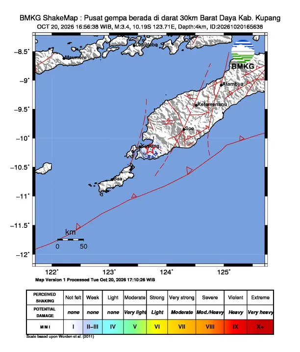 Peta guncangan (shakemap) BMKG untuk gempa magnitudo 3,4 SR