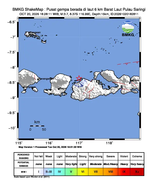 Peta guncangan (shakemap) BMKG untuk gempa magnitudo 3,7 SR