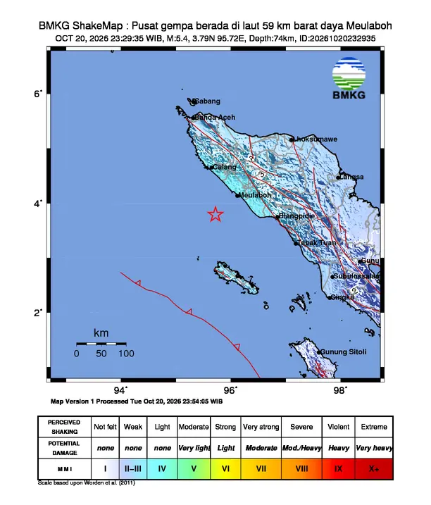 Peta guncangan (shakemap) BMKG untuk gempa magnitudo 5,4 SR