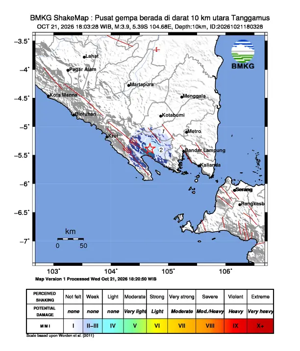 Peta guncangan (shakemap) BMKG untuk gempa magnitudo 3,9 SR