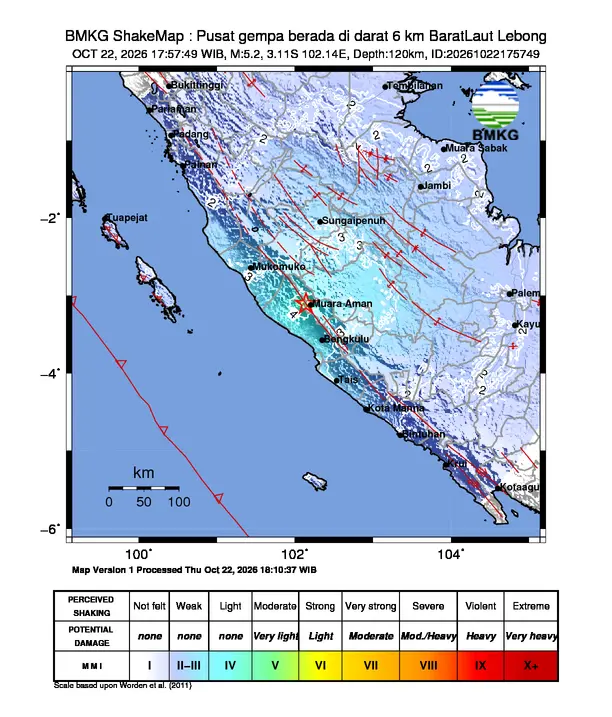 Peta guncangan (shakemap) BMKG untuk gempa magnitudo 5,2 SR