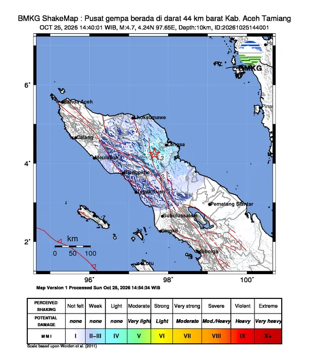 Peta guncangan (shakemap) BMKG untuk gempa magnitudo 4,7 SR
