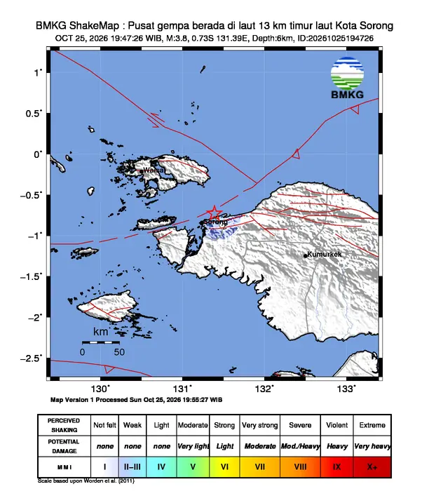 Peta guncangan (shakemap) BMKG untuk gempa magnitudo 3,8 SR