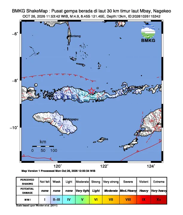 Peta guncangan (shakemap) BMKG untuk gempa magnitudo 4,9 SR