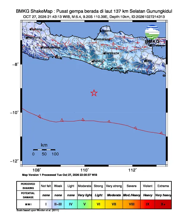 Peta guncangan (shakemap) BMKG untuk gempa magnitudo 5,4 SR
