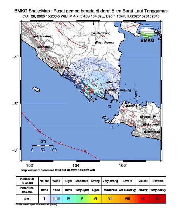 Peta guncangan (shakemap) BMKG untuk gempa magnitudo 4,7 SR
