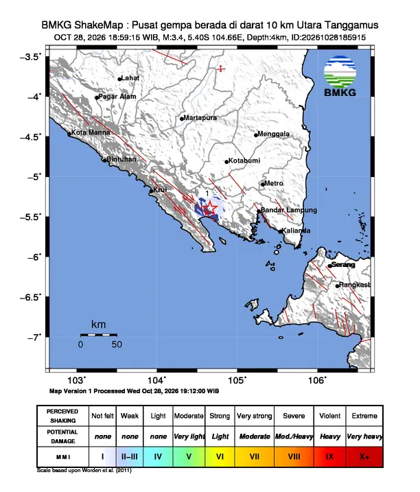 Peta guncangan (shakemap) BMKG untuk gempa magnitudo 3,4 SR