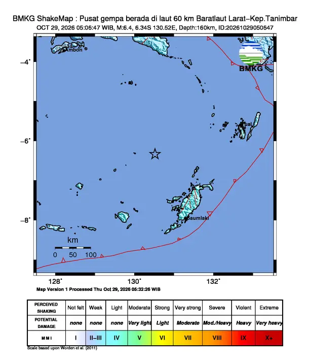 Peta guncangan (shakemap) BMKG untuk gempa magnitudo 6,4 SR