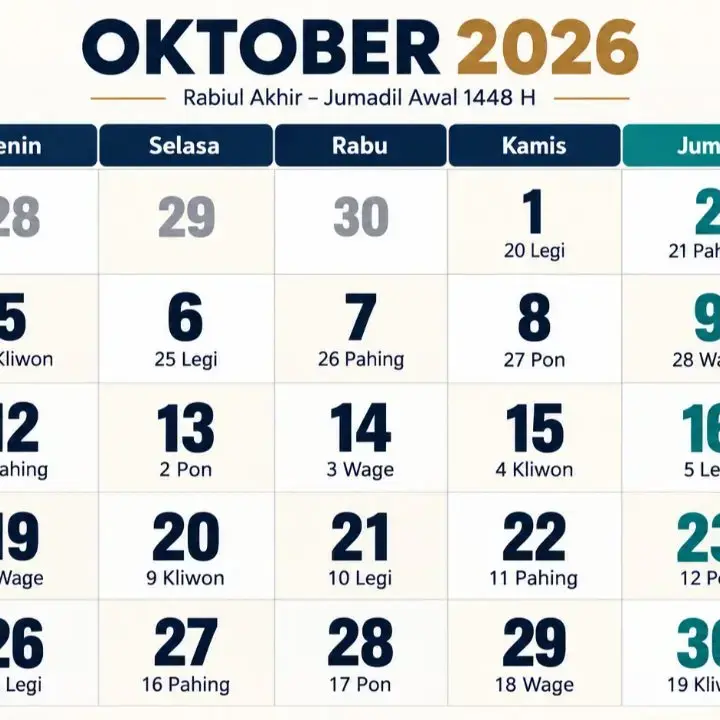 Kalender Jawa Oktober 2026 Lengkap dengan Weton dan Pasaran
